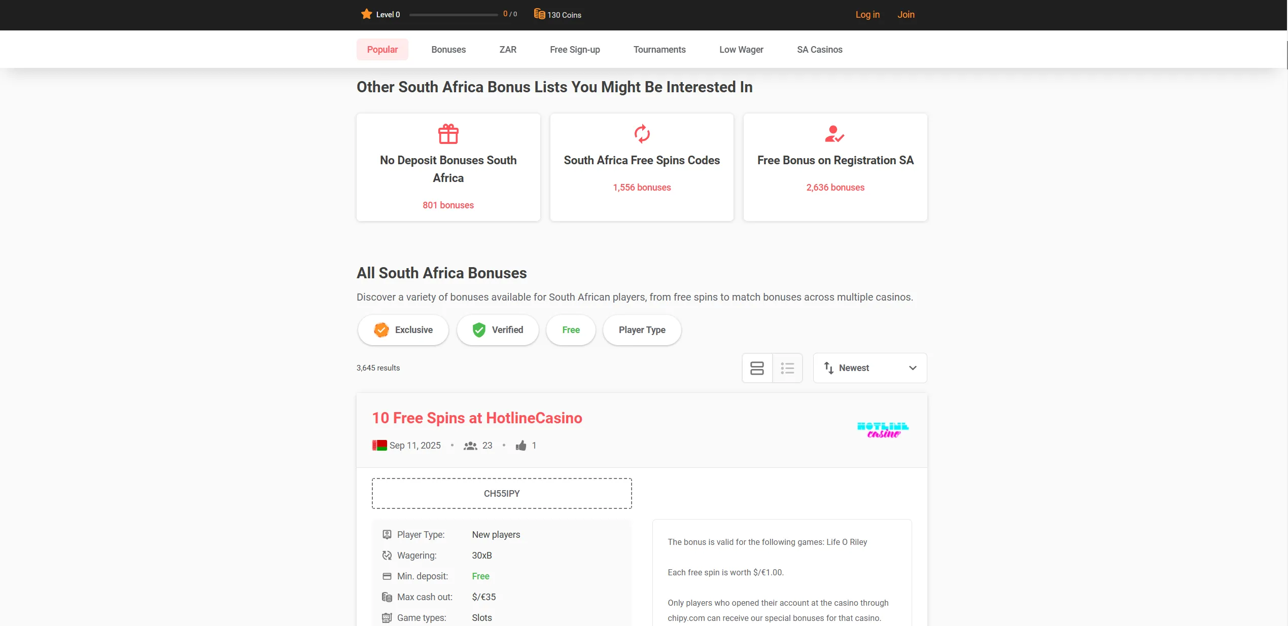 Screenshot of Chipy.com — South Africa Casino No Deposit Bonus Codes - Chipy.com